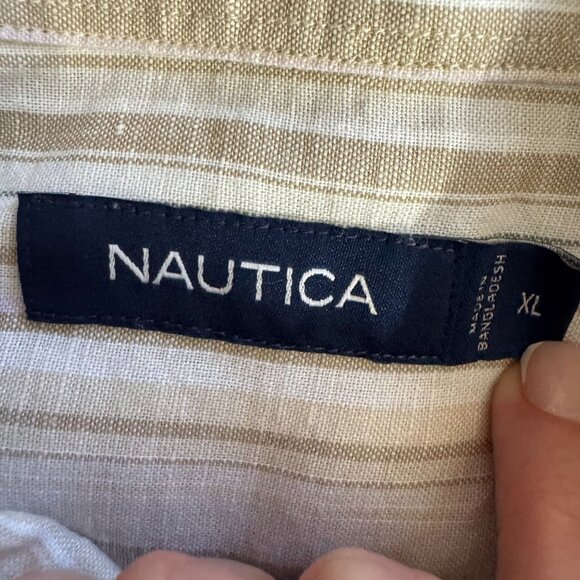 Nautica‎ Linen Button Up Shirt Mens Size XL Beige White Striped Coastal Preppy - Picture 5 of 7